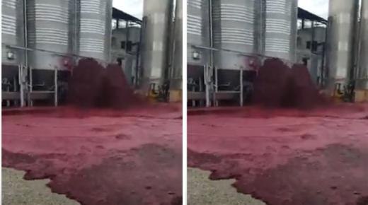 شاهد”فيديو” انفجار خزان يحتوي على آلاف الليترات من الخمور الحمراء..