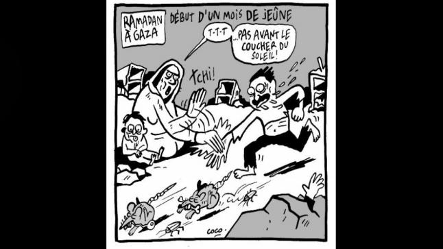 يا للخزي والعار ..”ليبراسيون” الفرنسية تنشر كاريكاتورا يصور أسرة صائمة في غزة تطارد الفئران والصراصير قبل الإفطار￼