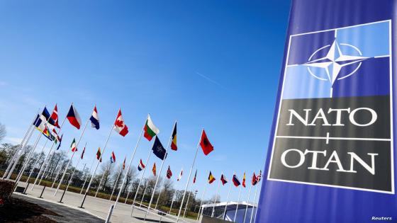 FILE PHOTO: Flags flutter as the NATO foreign ministers' meeting takes place at the Alliance's headquarters in Brussels, Belgium April 4, 2023. REUTERS/Johanna Geron/File Photo